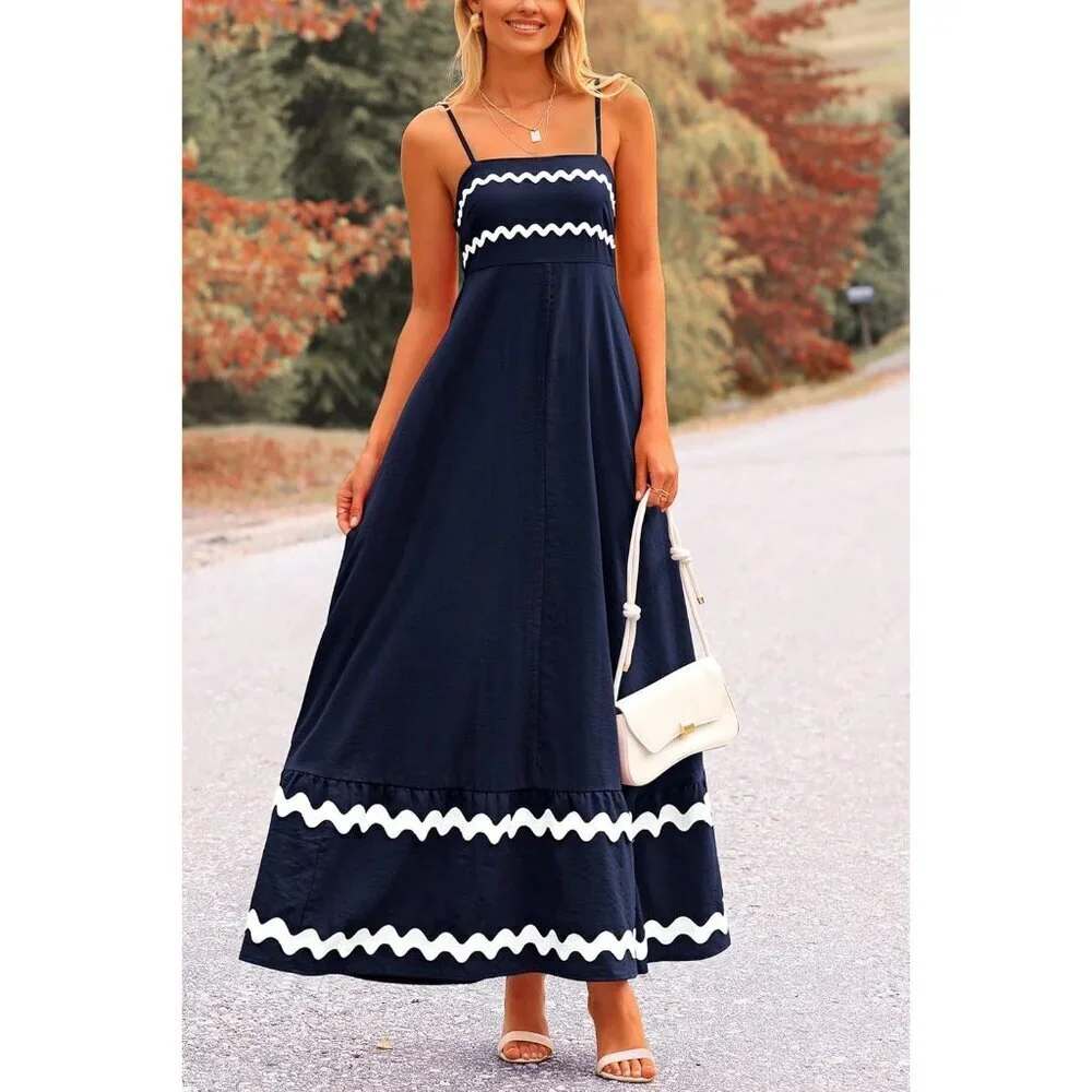 Women's Dark Blue Casual Sleeveless Spaghetti Strap Ruffle Beach Maxi Dress